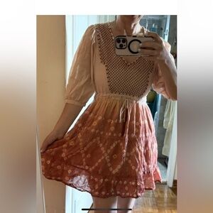 Super Natural  Boho Floral Tie Dye Tassel Orange Cream Dress XS